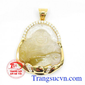 Mặt phật Di lặc thạch anh tóc xanh rêu bọc vàng bền đẹp chất lượng cao