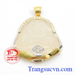 Mặt dây Di Lặc thịnh vượng đá mã não thiên nhiên bọc vàng cao cấp dành cho nam