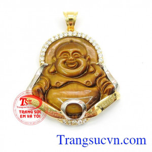 Mặt phật Di Lặc mắt hổ bọc vàng đeo phong thủy phù hợp bạn nam mệnh Kim hoặc Thổ