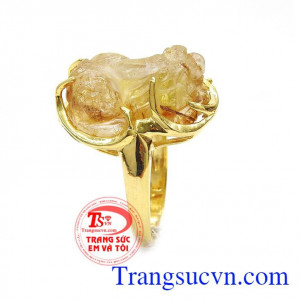 Nhẫn Tỳ Hưu Thạch Anh Tóc tinh xảo dành cho phái đẹp, Nhẫn Tỳ Hưu bọc vàng chất lượng cao