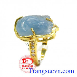 Nhẫn nữ Hồ Ly bọc vàng phong thủy chế tác tinh xảo sắc nét, Nhẫn nữ ngọc Aquamarine bọc vàng