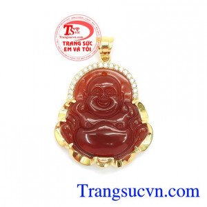 Mặt Dây Di Lặc Phong Thủy bọc vàng đẹp, Mặt Phật Mã Não thiên nhiên