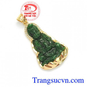 Mặt Phật Bà Bình An ngọc Jadeite thiên nhiên bọc vàng 14k