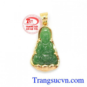 Mặt Phật Bà Quan Âm Bình An Ngọc Jadeite thiên nhiên bọc vàng 14k bề đẹp