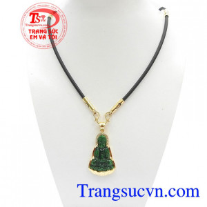 Bộ dây Chuyền Phật Bà Quan Âm Bình An mặt dây chuyền Phỉ Thúy kết hợp dây cao su bọc vàng nam tính