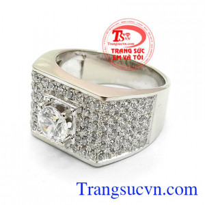 Nhẫn Vàng Trắng Đính Đá Mạnh Mẽ