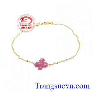 Lắc Chân Cỏ Bình An vàng 10k gắn ngọc Ruby thiên nhiên cao cấp, lắc chân nữ vàng,