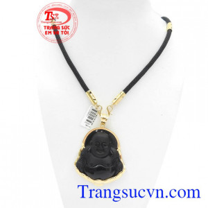 Bộ Dây Chuyền Di Lặc Hoan Hỉ kết hợp giữa dây vải bọc vàng và mặt phật Di Lặc ngọc thiên nhiên kiểu dáng đẹp, chất lượng cao