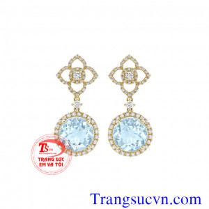 Đá topaz xanh tròn hoa tai 