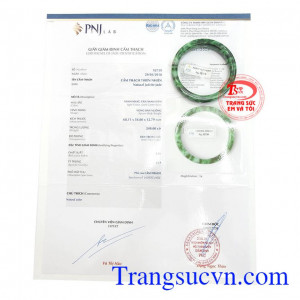 Giấy kiểm định Vòng Ngọc Tài Lộc Hanh Thông