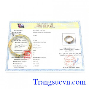 Giấy kiểm định đá quý từ trun tâm ngọc học. Vòng Ngọc Vàng Chữ Phúc