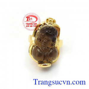 Nhẫn Nữ Tỳ Hưu Hạnh phúc vàng 10k gắn tỳ hưu thạch anh khói thiên nhiên