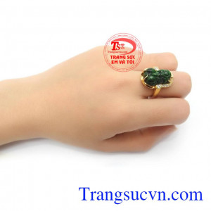 Nhẫn Tỳ Hưu Ngậm Tiền Bình Yên, nhẫn vàng 14k gắn Tỳ hưu phỉ thúy phong thủy