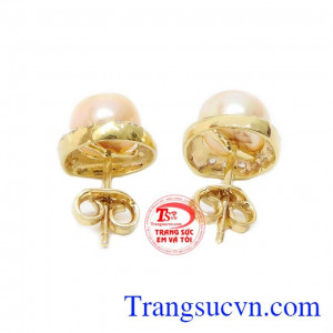 Hoa tai ngọc trai hồng vàng 14k