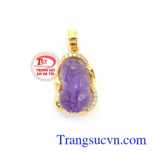 Mặt Dây Tỳ Hưu Thịnh Vượng thạch anh tím thiên nhiên bọc vàng 10k bền đẹp, tinh xảo