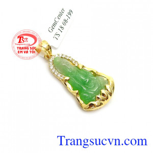 Mặt Dây Phật Bà An Nhiên bọc vàng 14k chạm khắc đẹp, chất lượng ngọc cao cấp