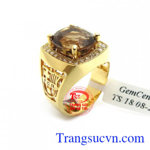 Nhẫn Nam Thạch Anh Khói Thiên Nhiên vàng 14k bền đẹp, chất lượng
