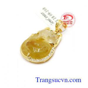 Mặt Dây Hồ Ly Thạch Anh Đẹp bọc vàng 14k chạm khắc tinh xảo, bọc vàng sáng bóng