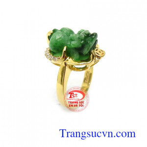 Nhẫn Nữ Tỳ Hưu Ngọc Tài Lộc vàng 14k gằn phỉ thủy thiên nhiên chạm khắc đẹp, chất lượng cao