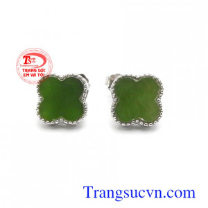 Hoa tai cỏ bốn lá may mắn ngọc Nephrite thiên nhiên màu sắc tươi sáng, mẫu mã độc đáo, hoa tai bạc gắn Nephrite