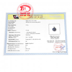 Giấy kiểm định từ trung tâm ngọc học. Mặt dây sapphire quý phái