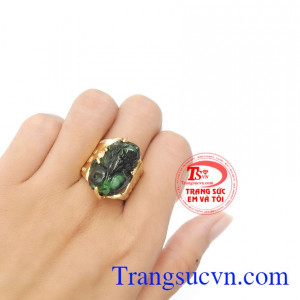 Nhẫn nam tỳ hưu vàng màu tinh tế gắn tỳ hưu đá thiên nhiên, mang lại may mắn, chiêu tài của cải, phú quý