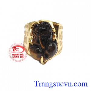 Nhẫn nam tỳ hưu vàng màu tinh tế gắn tỳ hưu đá thiên nhiên, mang lại may mắn, chiêu tài lộc, phú quý