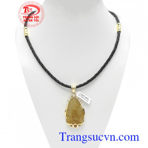 Bộ dây Phật Bà an lành thạch anh tóc thiên nhiên bọc vàng 14k kết hợp dây da bền đẹp, sang trọng, đeo hợp thời trang