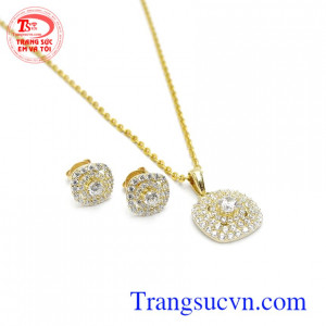 Bộ trang sức nữ tinh tế vàng 10k kết hợp độc đáo, bộ dây chuyền vàng tây đính đá đẹp