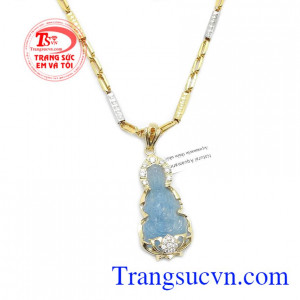 Trang sức đá quý thiên nhiên đẹp. Bộ dây chuyền phật quan âm aquamarin