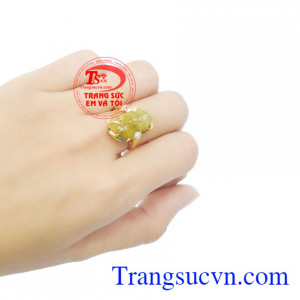 Nhẫn vàng 10k gắn đá thạch anh tóc vàng, Nhẫn Nữ vàng đảm bảo chất lượng Uy tín, Đeo hợp phong thủy