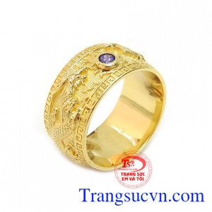 Nhẫn nam thạch anh tím sang trọng vàng 10k chạm khắc long phụng tinh xảo, sắc nét, độc đáo