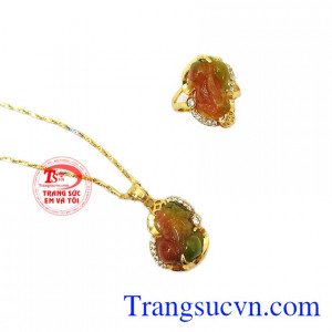 Bộ trang sức tỳ hưu 14k tài lộc kết hợp giữa dây chuyền, nhẫn, mặt dây tỳ hưu từ ngọc cẩm thạch thiên nhiên,Bộ trang sức tỳ hưu 14k tài lộc