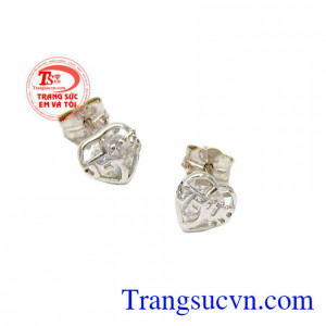 Hoa tai trái tim vàng trắng 18k hoa tai vàng trắng 18k, hoa tai đẹp, hoa tai vàng tây kim cương nhân tạo.