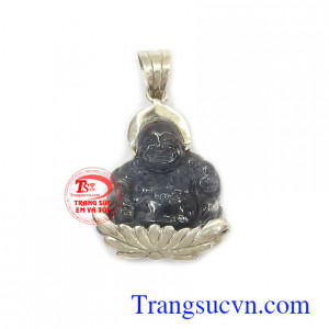 Mặt dây đá phật di lặc chạm khắc tinh xảo, sắc nét, đá Sapphire thiên nhiên cao cấp bọc bạc