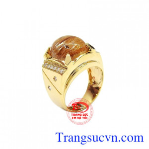Nhẫn nam thạch anh tóc 14k đẹp được chế tác tinh xảo từ đá thạch anh tóc thiên nhiên,Nhẫn nam thạch anh tóc 14k đẹp