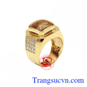 Nhẫn nam thạch anh tóc 14k mạnh mẽ được kết hợp từ đá thạch anh tóc thiên nhiên và vàng tây 14k,Nhẫn nam thạch anh tóc 14k mạnh mẽ