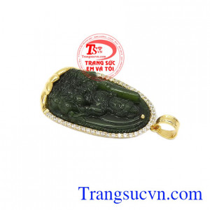 Mặt dây kết hợp ngọc cẩm thạch thiên nhiên và vàng tây 14k. Mặt phật nepherite tuổi mão