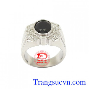 Nhẫn bạc nam Sapphire quyền lực gắn đá Sapphire thiên nhiên màu sắc đẹp, chất lượng
