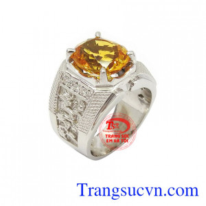 Nhẫn bạc thạch anh vàng đẳng cấp dành cho nam chế tác công nghệ cao cấp, đá thạch anh vàng thiên nhiên màu sắc tươi sáng, tinh xảo