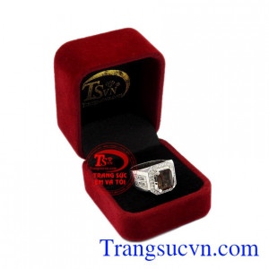 Nhẫn nam bạc thạch anh ám khói