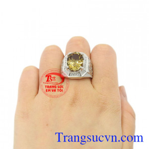 Nhẫn nam bạc thạch anh vàng khói chất lượng