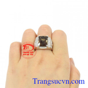 Nhẫn nam bạc thạch anh khói đẹp