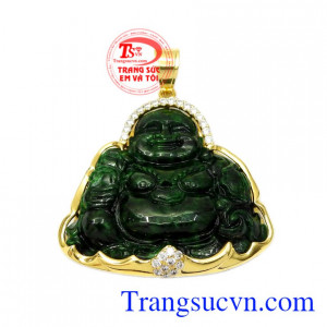 Mặt dây vàng Jadeite Phật Di Lặc được chế tác từ vàng 14k và mặt phật ngọc cẩm thạch.