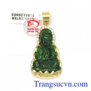 Mặt phật bà cẩm thạch an lành bọc vàng 14k bền đẹp, mặt phật chạm khắc tinh xảo, sắc nét