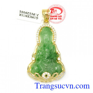 Mặt phật bà cẩm thạch an yên bọc vàng 14k chạm khắc đẹp, chất lượng ngọc đảm bảo