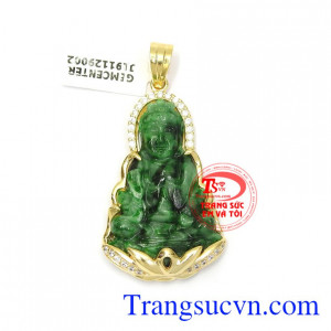 Mặt phật bà cẩm thạch từ bi bọc vàng 14k bền đẹp, chất lượng, có giấy kiểm định đá quý kèm theo