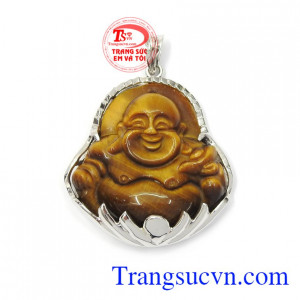 Mặt phật Di Lặc hưng thịnh đá mắt hổ thiên nhiên bọc vàng trắng 10k bền đẹp, chất lượng