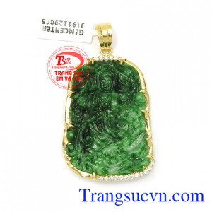 Mặt phật Quan Âm cưỡi rồng bình an ngọc cẩm thạch thiên nhiên bọc vàng 14k bền đẹp, chất lượng