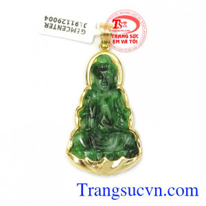 Mặt Quan Âm may mắn tài lộc ngọc cẩm thạch thiên nhiên bọc vàng 14k chạm khắc đẹp, chất lượng cao